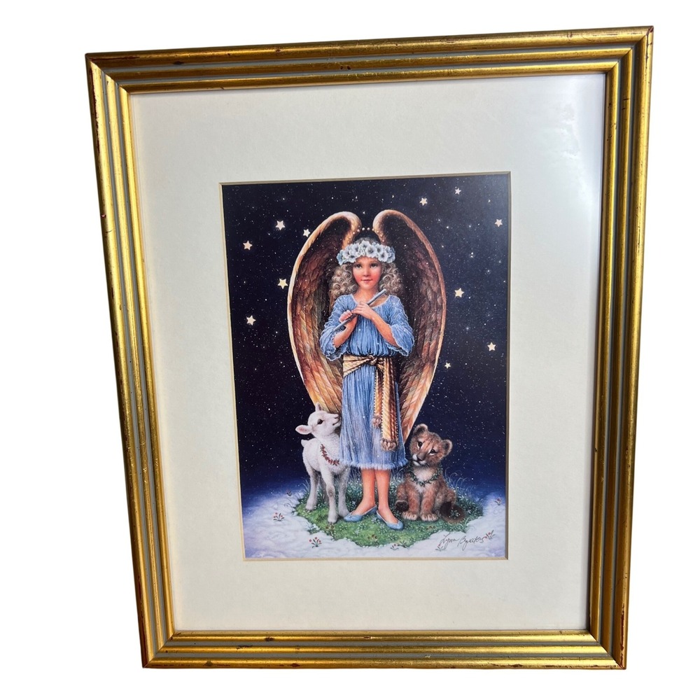 Lynn Bywaters Framed Art Print Gold Angel Lamb‎ Lion Peace Starry Night 11x9